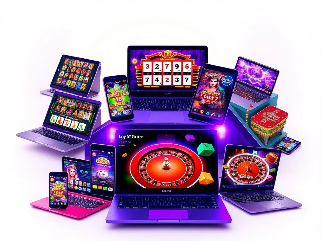 A collage image showcasing various casino games available on Pin8, including slot machines, poker tables, and roulette wheels, all displayed on different devices such as laptops, tablets, and smartphones.