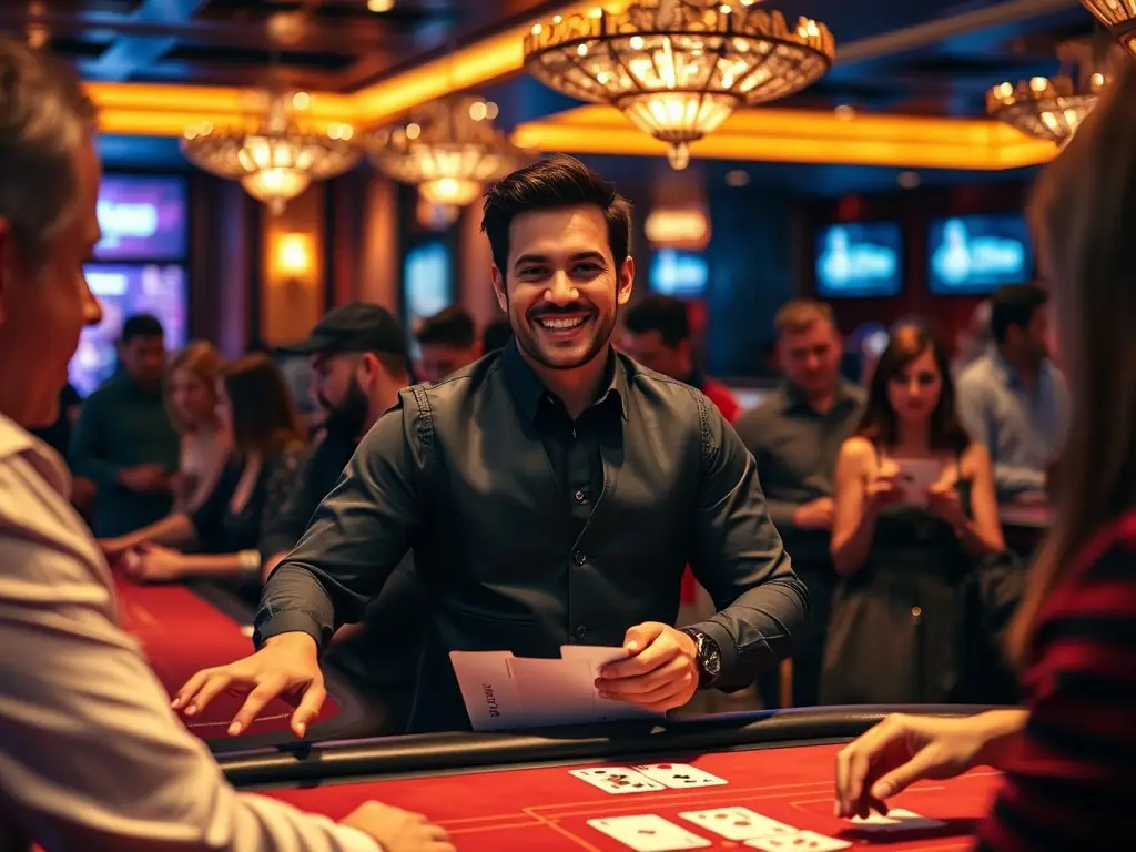 A live video feed of a dealer hosting a blackjack game in a professional studio setting, illustrating the authentic and interactive live dealer gaming experience offered by Pin8.