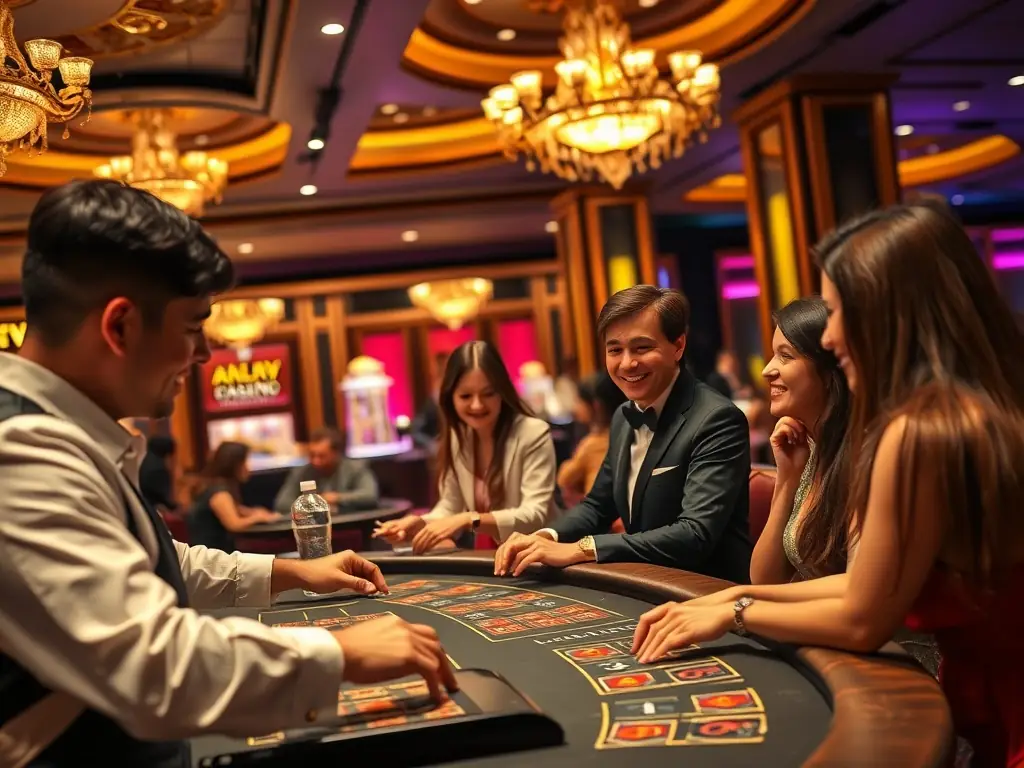 A high-definition image of a live dealer hosting a blackjack game in a professional studio setting, with players interacting via a user-friendly online interface.